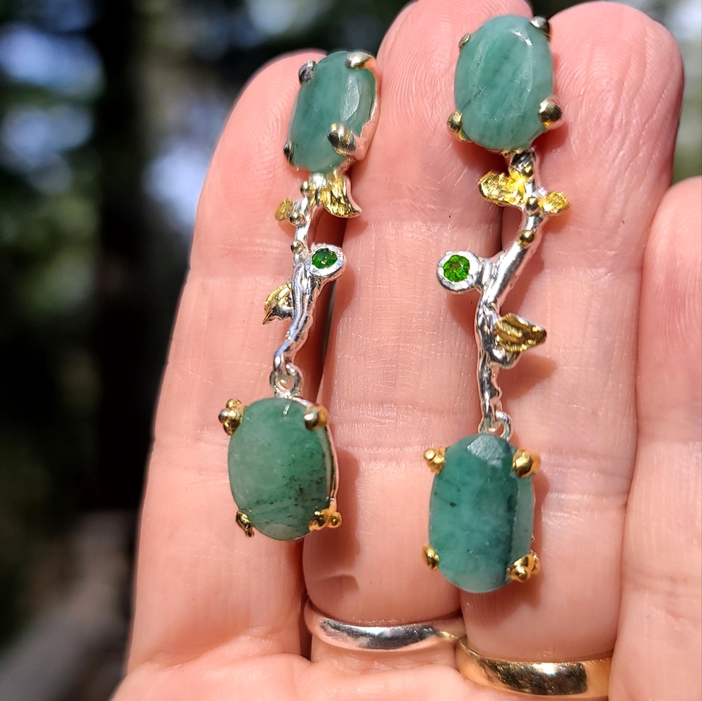 Emerald & Peridot floral sterling &gold vine like earrings - Picture 6 of 7